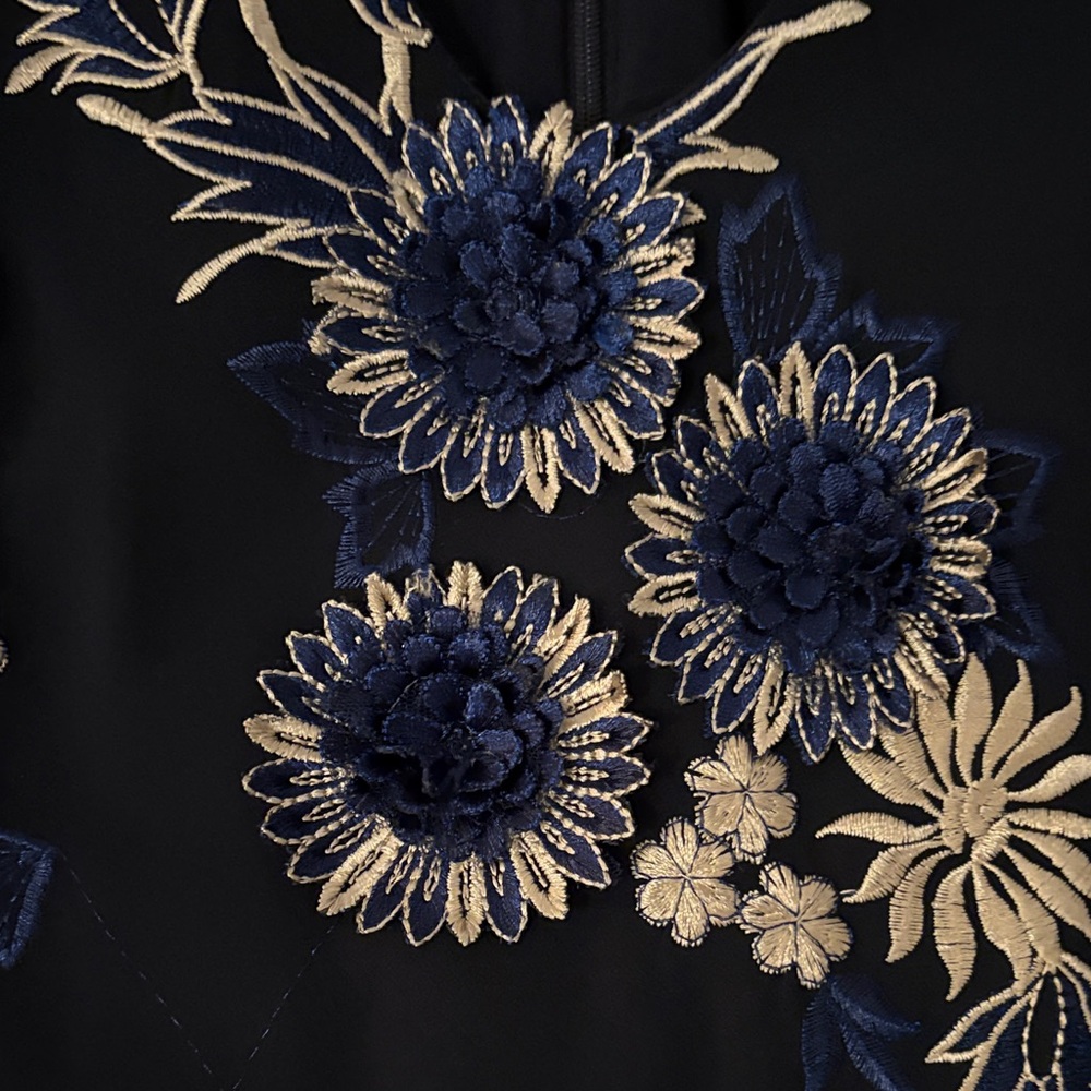 Badgley Mischka Navy Midi Dress with White & Blue Embroidered Floral Print - Picture 3 of 16